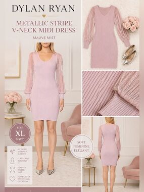 Dylan Ryan Metallic Stripe V-Neck Midi Dress Mauve Mist XL NWT